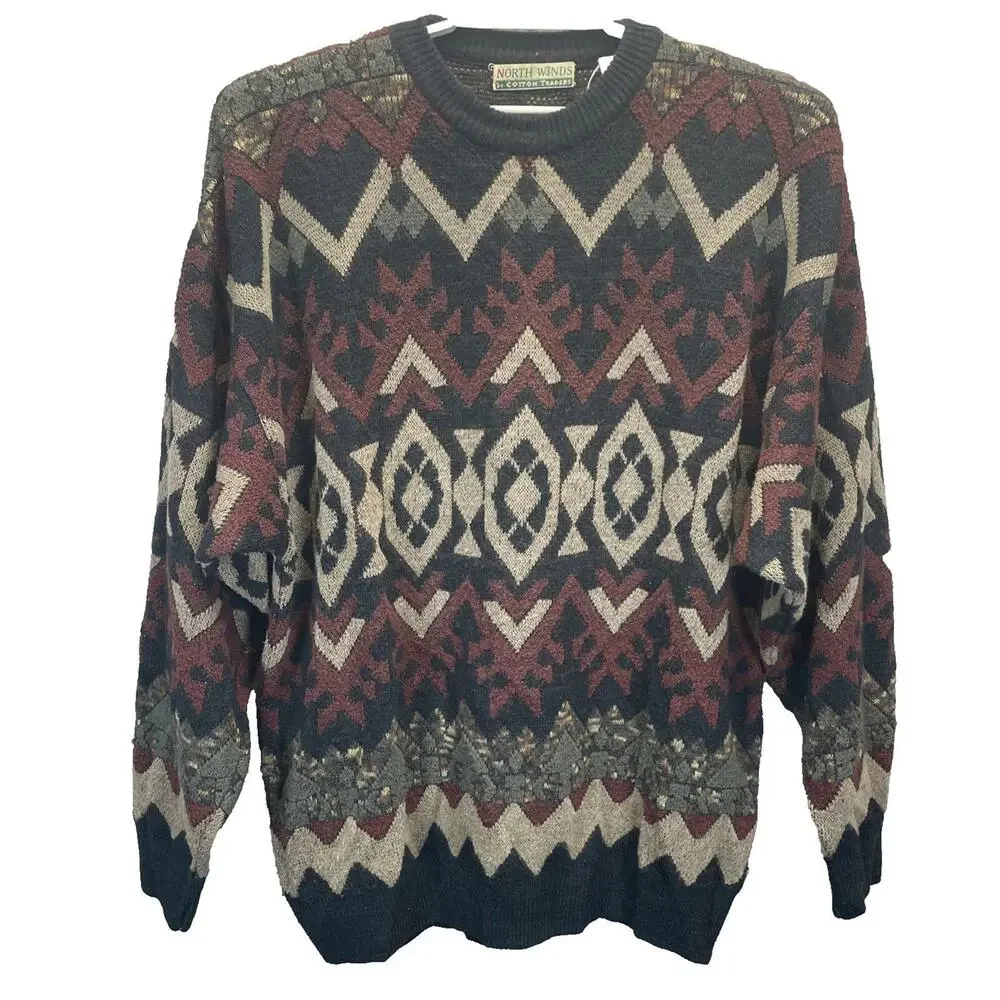 Vtg North Winds Cotton Traders Men XL Sweater Wool Blend Fair Isle Geo Pattern